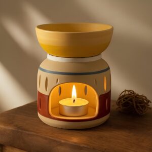 Brûle-parfum en grès aux couleurs chaudes, bol supérieur pour huiles parfumées, inspiré de l’art mexicain – Enzo & Caly Création.