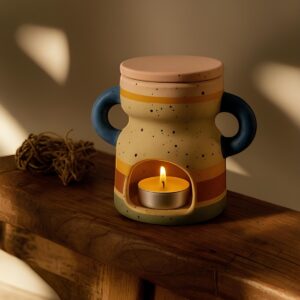 Brûle-parfum en grès à anses, décoré de rayures colorées, style artisanal péruvien – Enzo & Caly Création.
