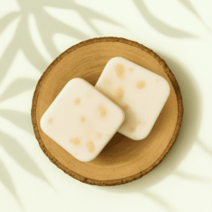 Deux fondants parfumés au coton doux, à la couleur blanche ponctuée de touches dorées, présentés sur un rondin de bois avec un fond clair et ombré.