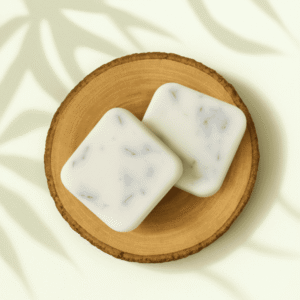 Deux fondants parfumés sakura, en forme de carré, de couleur blanche, blancs marbrés de bleu, exposés sur un socle en bois sur fond doux.