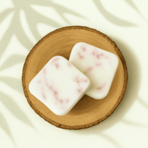Deux fondants parfumés au calisson, de forme carrée, blancs avec des marbrures rosées, posés sur un rondin de bois sur fond crème lumineux.