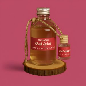 Ensemble composé d’un mini diffuseur de parfum d'ambiance Oud épicé et de sa recharge, présentés respectivement dans un petit flacon et dans une bouteille en verre transparent, avec une étiquette rouge, posés sur un rondin en bois avec un fond uni rougeâtre – création élégante Enzo & Caly fabriquée en France.
